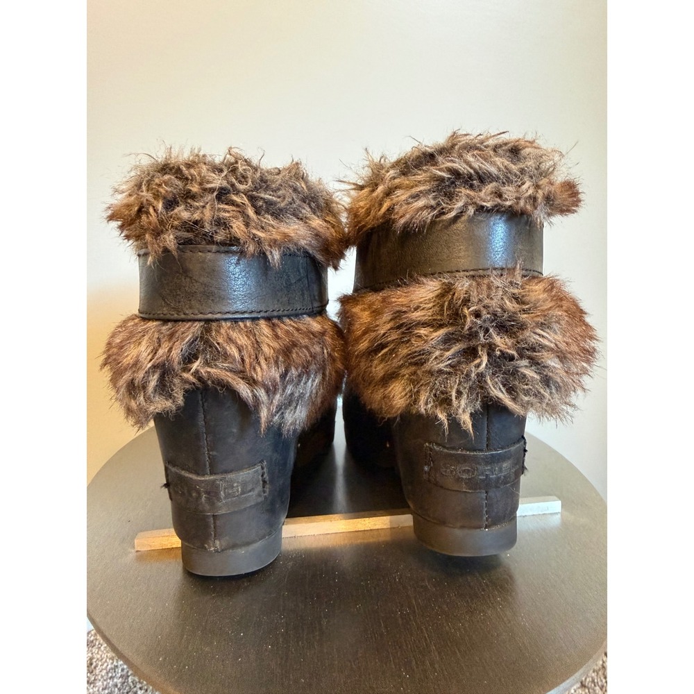 Sorel Joan of Arctic Wedge Ankle Boots Black Leather Faux Fur NL1984-010 Size 6 - Picture 4 of 8